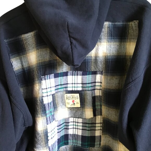 Grunge Patchwork Hoodie, XL: Upcycled Oversized Navy Sweatshirt, Campus Style - Picture 4 of 11